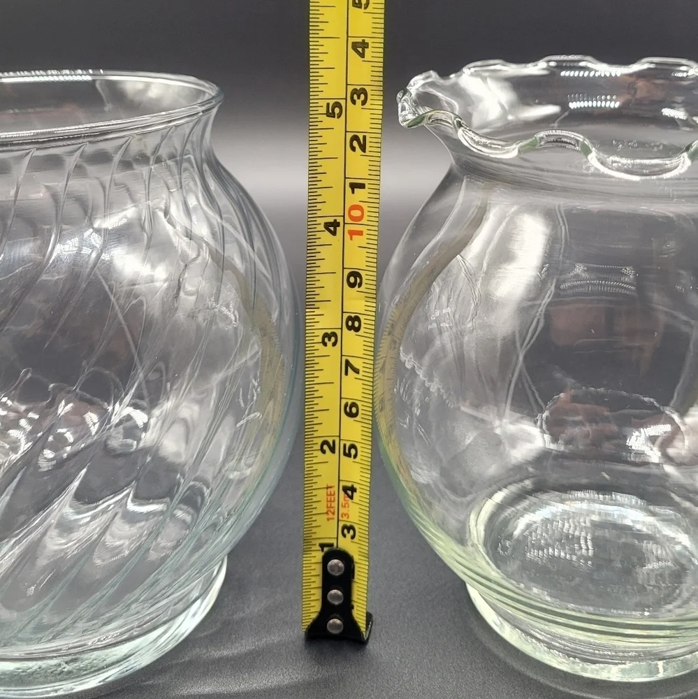 Vintage Indiana Clear Glass Ruffle Top & Ribbed Swirl Clear Glass Rose Bowl Vase